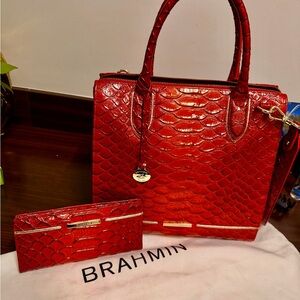 Brahmin Red Embossed Leather Tote with Matching Wallet